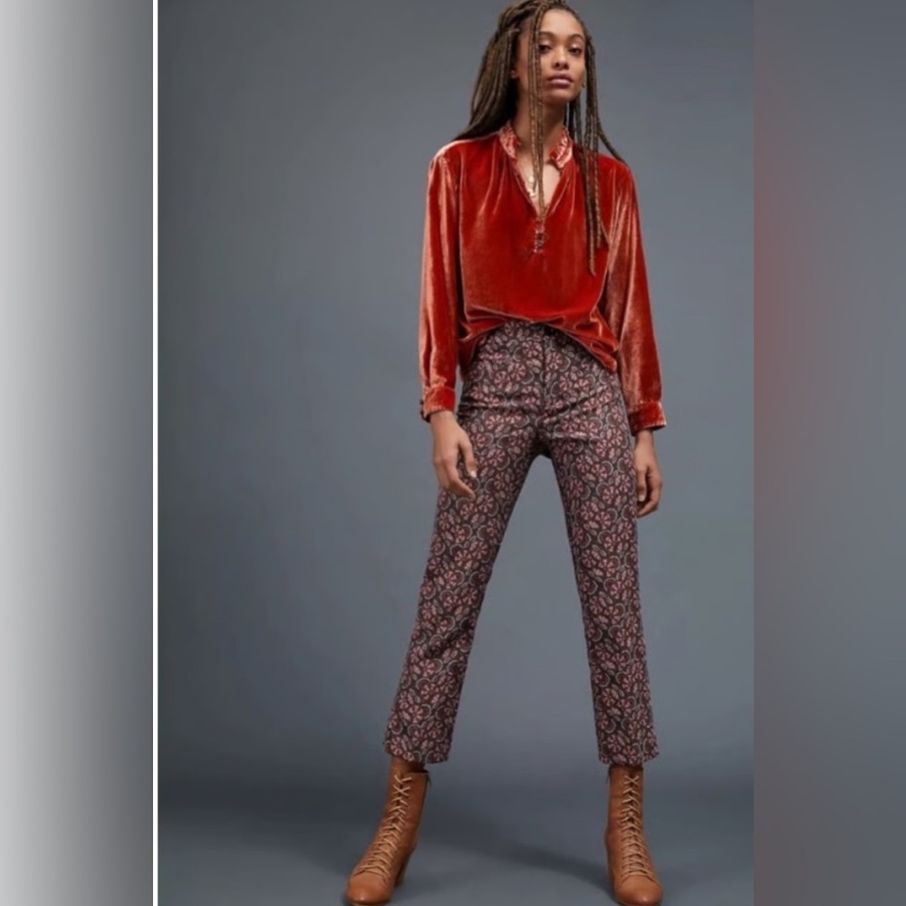 Anthropologie Essential Slim Brown Floral Jacquard Mid-Rise Pants Size:2